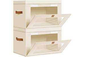 DIMJ Fabric Storage Box with Lid - 2 Pack Decorative Large Closet Foldable Storage Basket with Lid & Clear Window for Clothes