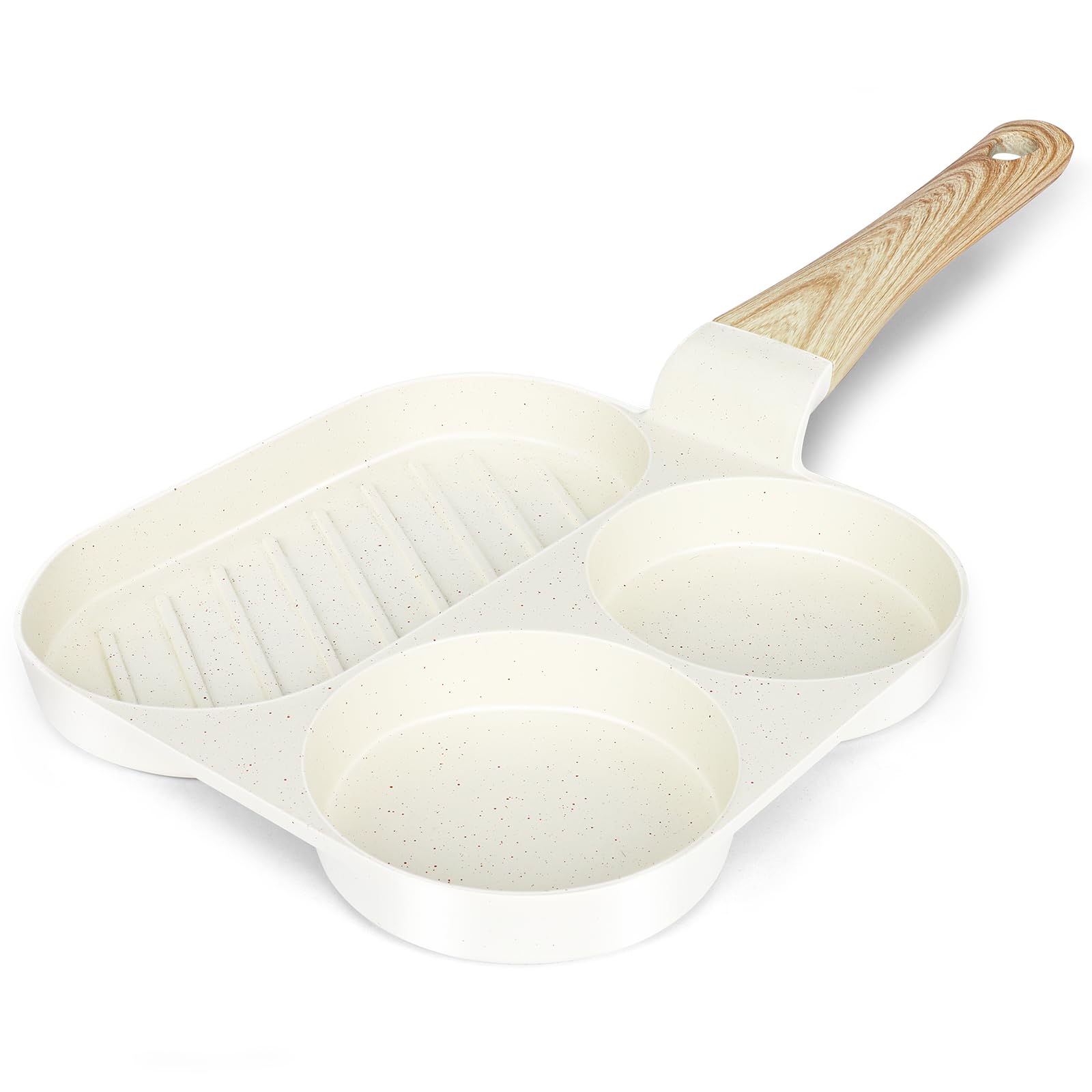 GiPP Non Stick Egg Pan, 3-Cup Granite Omelette Pan Skillet for Breakfast, Pancake Skillet with Heat-Resistant Handle, Compatible with All Stovetops, Easy to Clean, PFOA Free (White, 3-Hole)