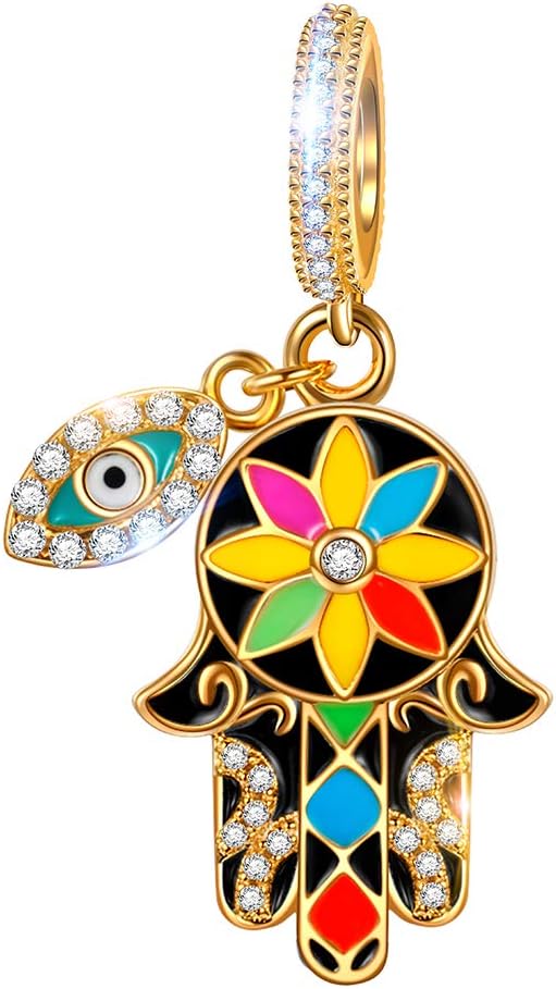 NINAQUEEN Hamsa Hand and Evil Eye Valentines Gifts for Women 925 Sterling Silver Multicolor Enamel Lucky Dangle Charms, Pendant for Choker Necklace