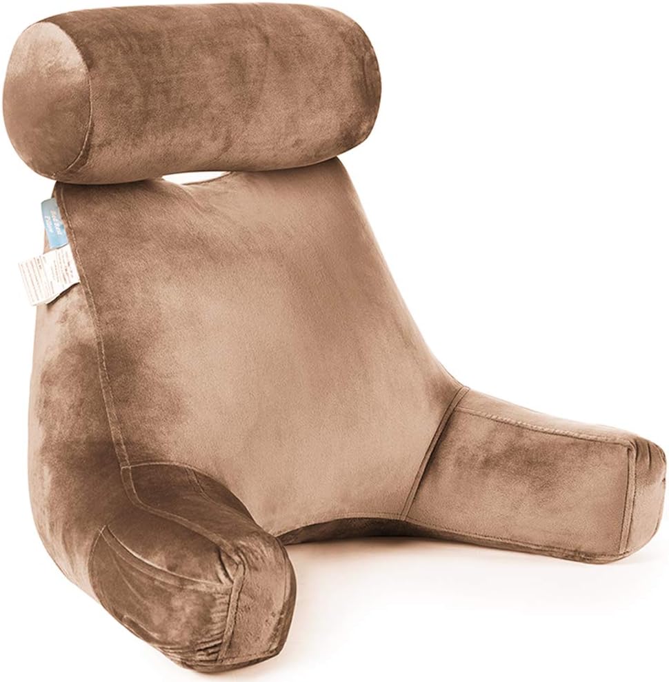 ZOEMO Bed Rest Reading Pillow - Bedrest Pillows with Arm Rests and Neck Roll for Reading Watching TV in Bed, Floor or Sofa - Big Bedrest Pillow with Neck Roll Pillow (27" Tall, Brown): Home & Kitchen