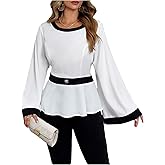 Floerns Women's Plus Size Color Block Peplum Shirts Button Crew Neck Bell Sleeve Blouse
