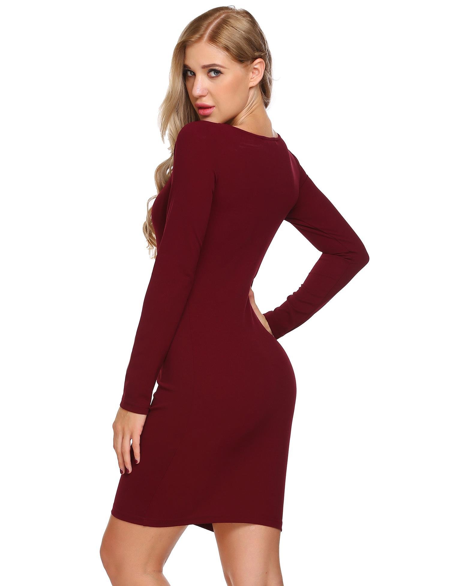 DREZZED Women U Neck Long Sleeve Solid Slim Fit Bodycon Mini Dress Wine Red