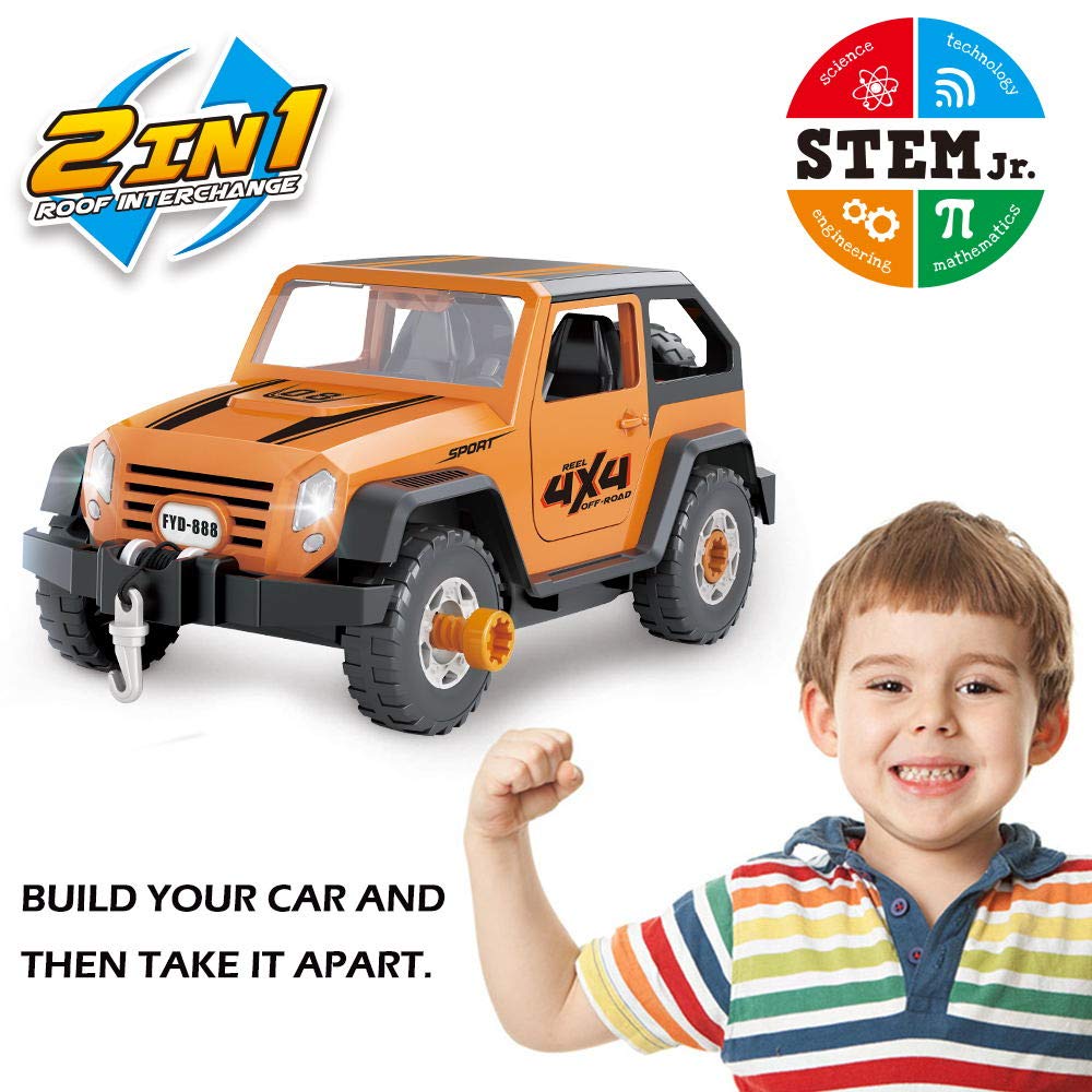 Limei STEM Land Rover Jeep Car Toy Self-Assemble Car Construction Tool with Power Drill Off Road Vehicle Automobile Fit Toy for Child Kid Toddler (Yellowish Brown)