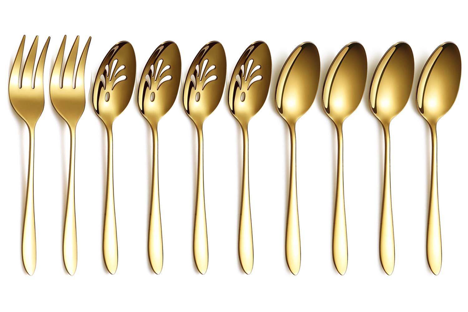 HOMQUEN Gold 10-Piece Serving Flatware Silverware Set,Stainless Steel Serving Utensil Set,Include Slotted Serving Spoon, Serving Spoon, Serving Fork