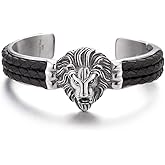 COOLSTEELANDBEYOND Steel Lion Head Cuff Bangle Bracelet Inlaid with Black Braided Leather for Man, Silver Black