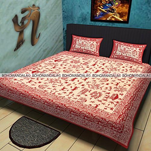 Hand Screen Printed Cotton Double Queen Bedsheet Bedspread Bedcover With Matching Pillow Cases By Bohomandala