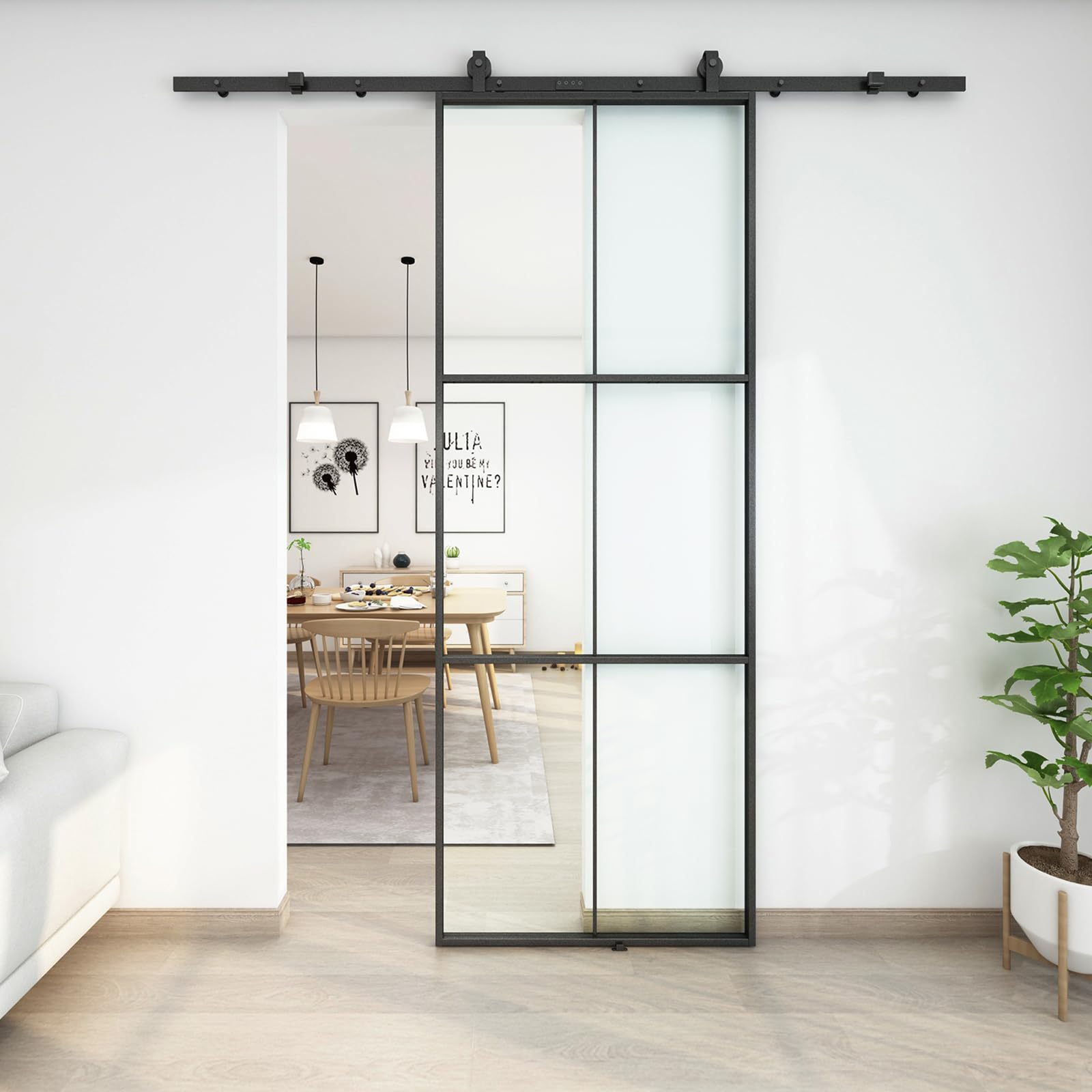 Photo 1 of JUBEST 36in x 96in Glass Sliding Barn Door, 3-Panel Black Aluminum Frame and Clear Tempered Glass Modern French Door, Easy to Install (No Sliding Hardware Kit)