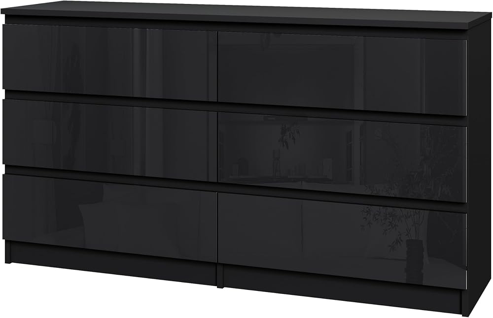 Panana Modern High Gloss Drawer Cabinet 6 Drawers Black No Handle Storage