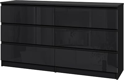 Panana Modern High Gloss Drawer Cabinet 6 Drawers Black No Handle Storage