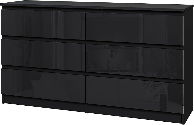Panana Modern High Gloss Drawer Cabinet 6 Drawers Black No Handle Storage