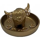 Musanpou Golden Highland Cow Ring Stand with Circular Dish - Cute Cow Jewelry Organizer Holder, Unique Home Office Desk Decor for Women, Resin Ring Plate Tray Gift (5.9x5.9x3.94 Inches)