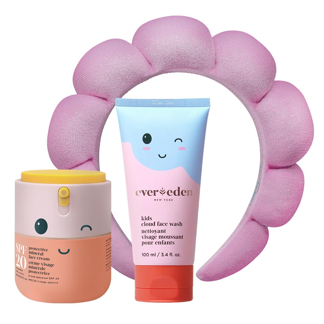 Happy Morning DUO Kids Spa Headband for Girls: Clean & Vegan Skin Care Bundle | Cloud Face Wash + SPF 20 Mineral Face Cream | Non-Toxic | Easy-to-Use Skincare