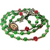 Our Lady of Guadalupe Emerald Green Jade Stone and Red Rose Rosary