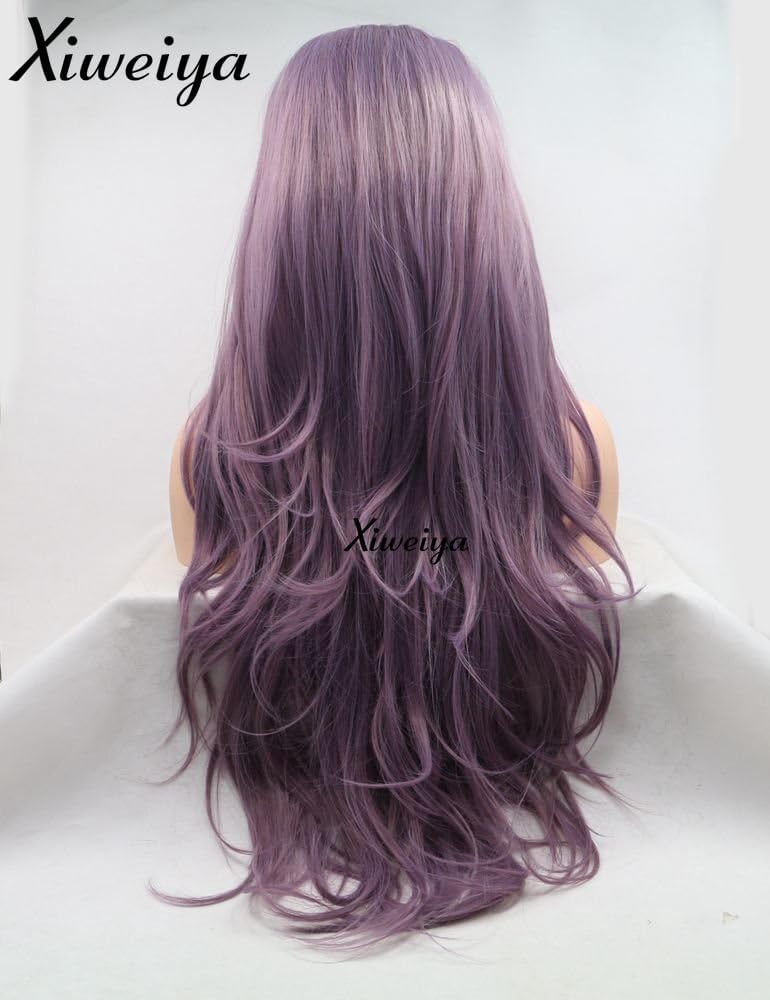 Xiweiya 24inch Mixed Purple Hair Wig Long Body Wave Mixed Purple Synthetic Lace Front Wigs For Women Side Part Heat Resistant Fiber Makeup 24 Inches - Image 4