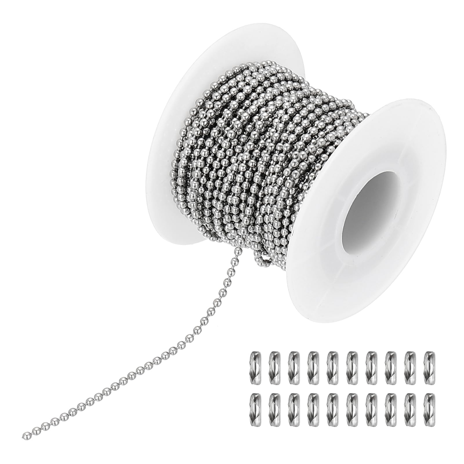 PATIKIL 10m/32.8ft Beaded Ball Chain, 2mm Stainless Steel Pull Chain Extension with 20 Pcs Connectors for Tag Chain, Keychain Rings, DIY Crafts, Silver