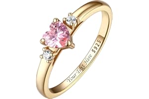 Bestyle Personalized 1-4 Heart Birthstone Rings for Women - Sterling Silver Custom Engraved Promise Rings, Birthstone Mothers