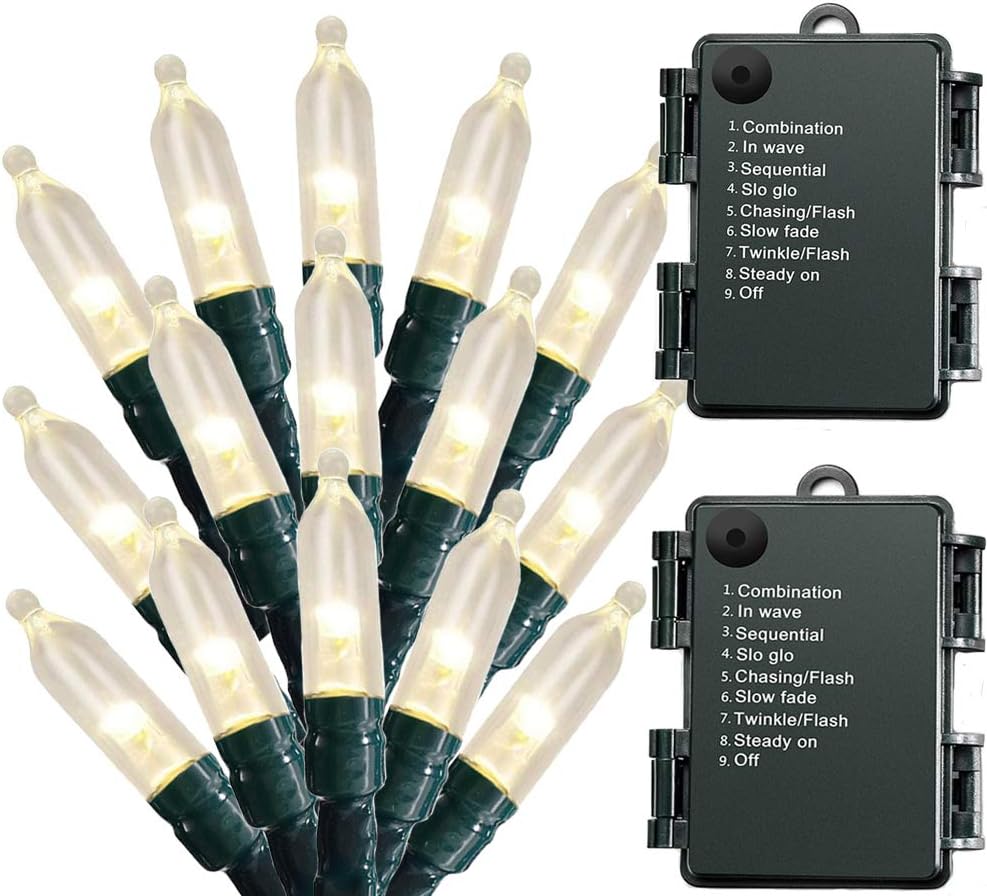 Christmas Lights - Battery Operated String Lights 50 LED Mini Lights 8 Modes Green Wire Mini Lights Set with Timer for Xmas Tree Wreath Party Indoor Outdoor Decor, Waterproof, Warm White (2 Pack)