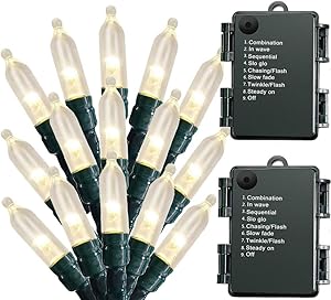 Christmas Lights - Battery Operated String Lights 50 LED Mini Lights 8 Modes Green Wire Mini Lights Set with Timer for Xmas Tree Wreath Party Indoor Outdoor Decor, Waterproof, Warm White (2 Pack)