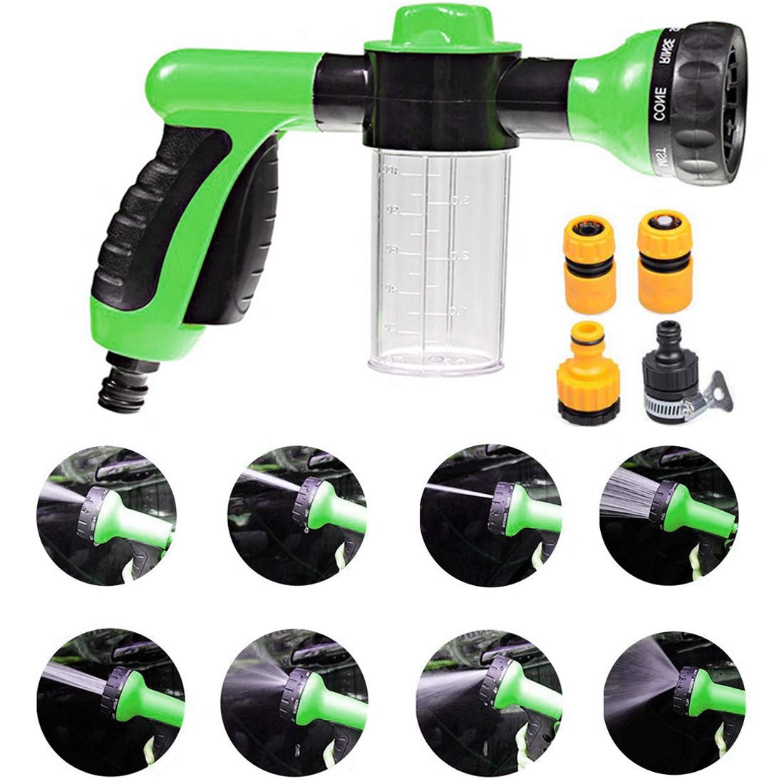 Garden Foam Water Sprayer, 8 Adjustable Patterns Heavy Duty Hose Nozzle Sprayer Gun, Comfort Rubber Grip High Pressure Flow Control Gardening Tool, for Watering Lawn Car Washing Pet Showering (Green)