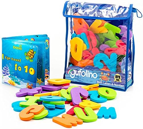 Gufolino Baby Bath Toys - 36 Foam Letters and Numbers + Bathtub Toys Organizer and Inflatable Waterproof Book for Toddlers