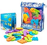 gufolino Baby Bath Toys - 36 Foam Letters and Numbers + Bathtub Toys Organizer and Inflatable Waterproof Book for Toddlers (Multicolor)