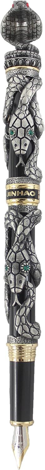 Sipliv Fountain Pen 3D Snake Heavy Metal Pen - Antique Silver, Black and Antique silver