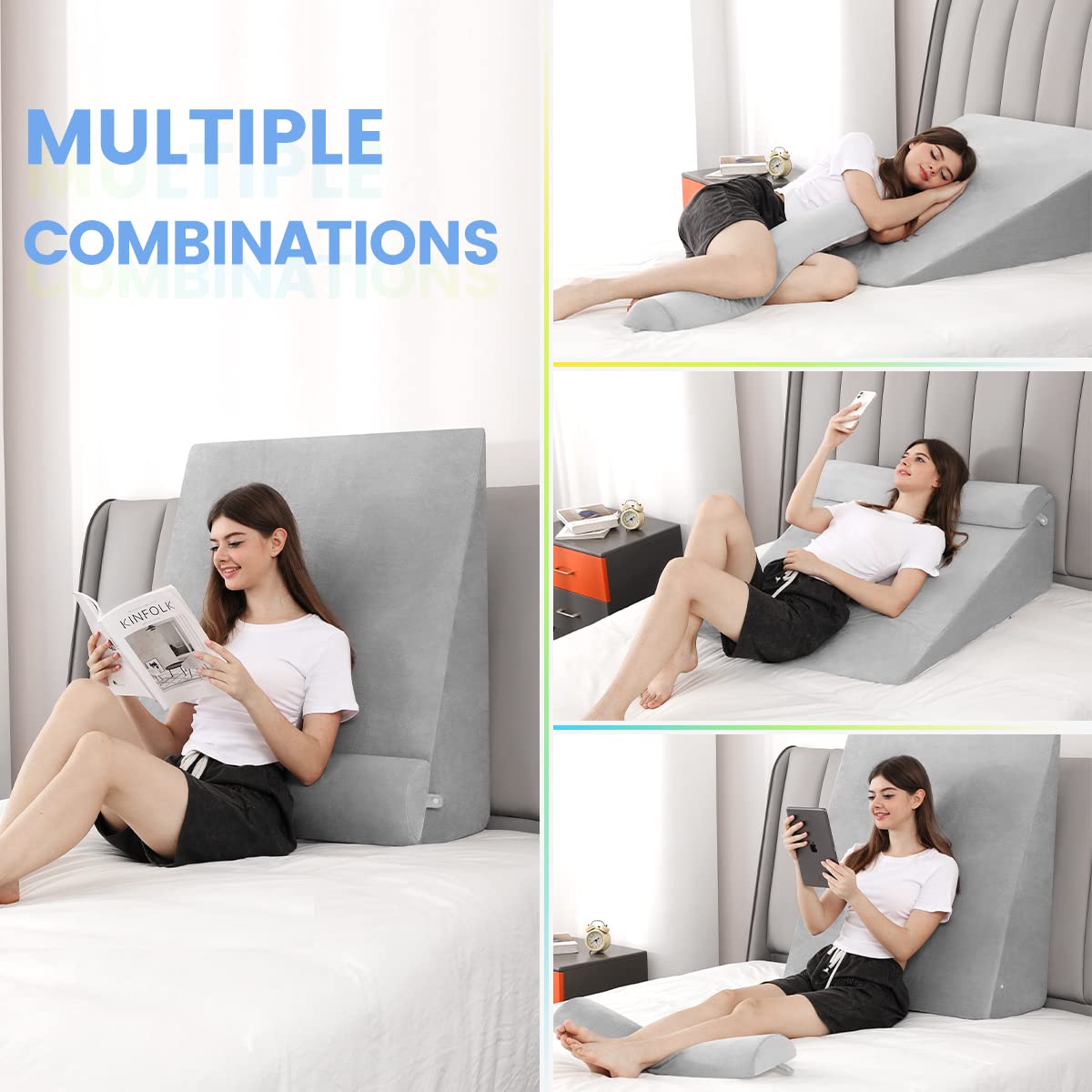 OasisSpace Double Extra Large Wedge Pillow Orthopedic Bed Wedge Pillow Set, Memory Foam Sitting Wedge Pillow for Adults, Wedge Pillow for Sleeping, GRED and Acid Reflux (12''Hx35''Lx32''W)