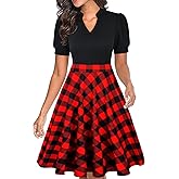 Mokayee Womens Summer Short Puff Sleeve Casual Semi-Formal Fit and Flare Church Wedding Guest Work Dresses with Pockets