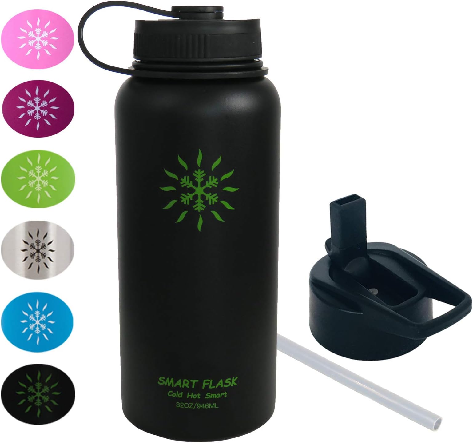 32oz Stainless Steel, Wide Mouth, Vacuum Insulated, Double Walled Water Bottle, Includes Leakproof Travel Lid and Easy Carry Straw Cap