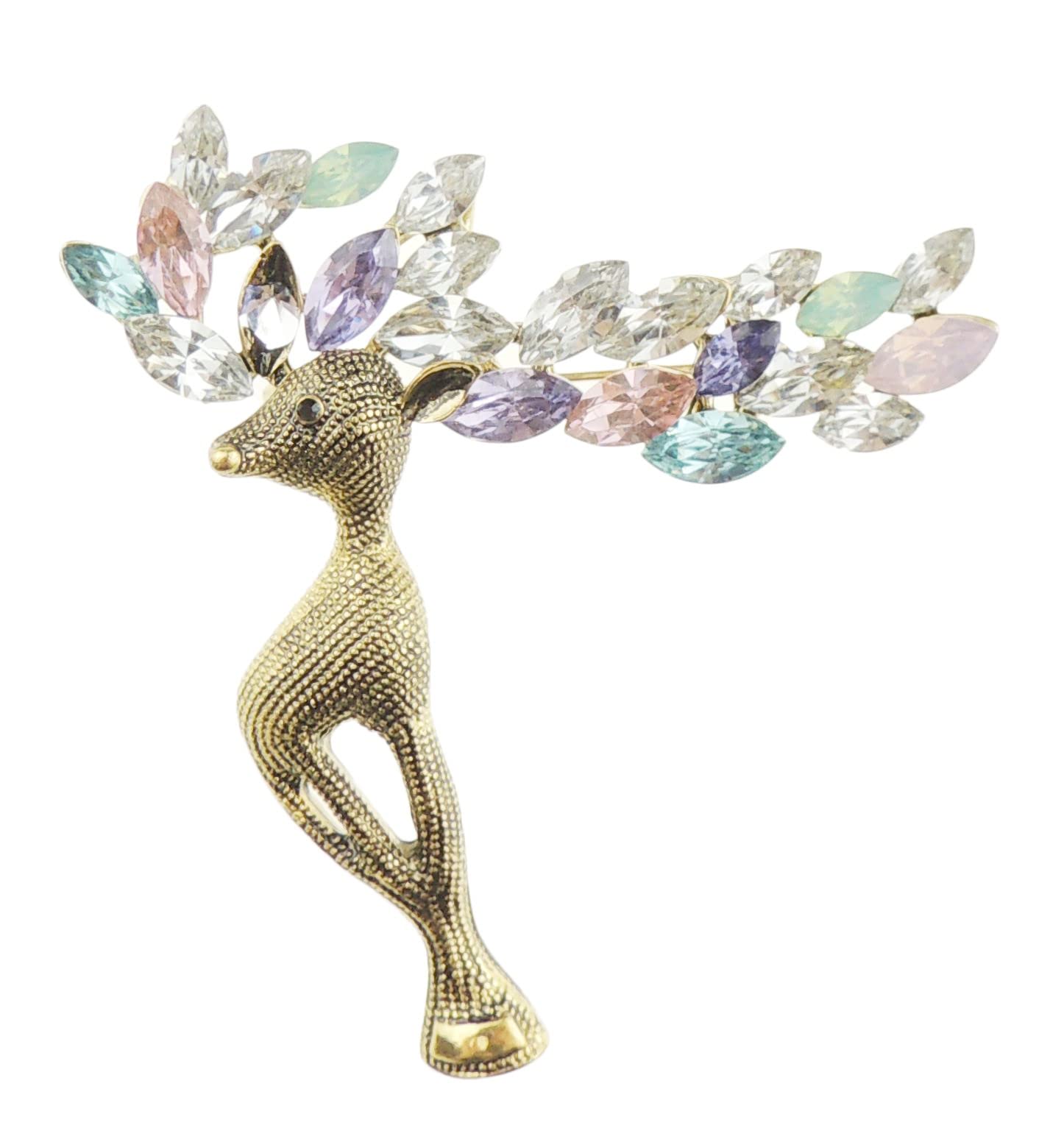 Ladies Silver Gold Tone Crystal Diamante Large Antlers Christmas Reindeer Stag Brooch Boxed (Dark Gold Tone Pastel Multi)