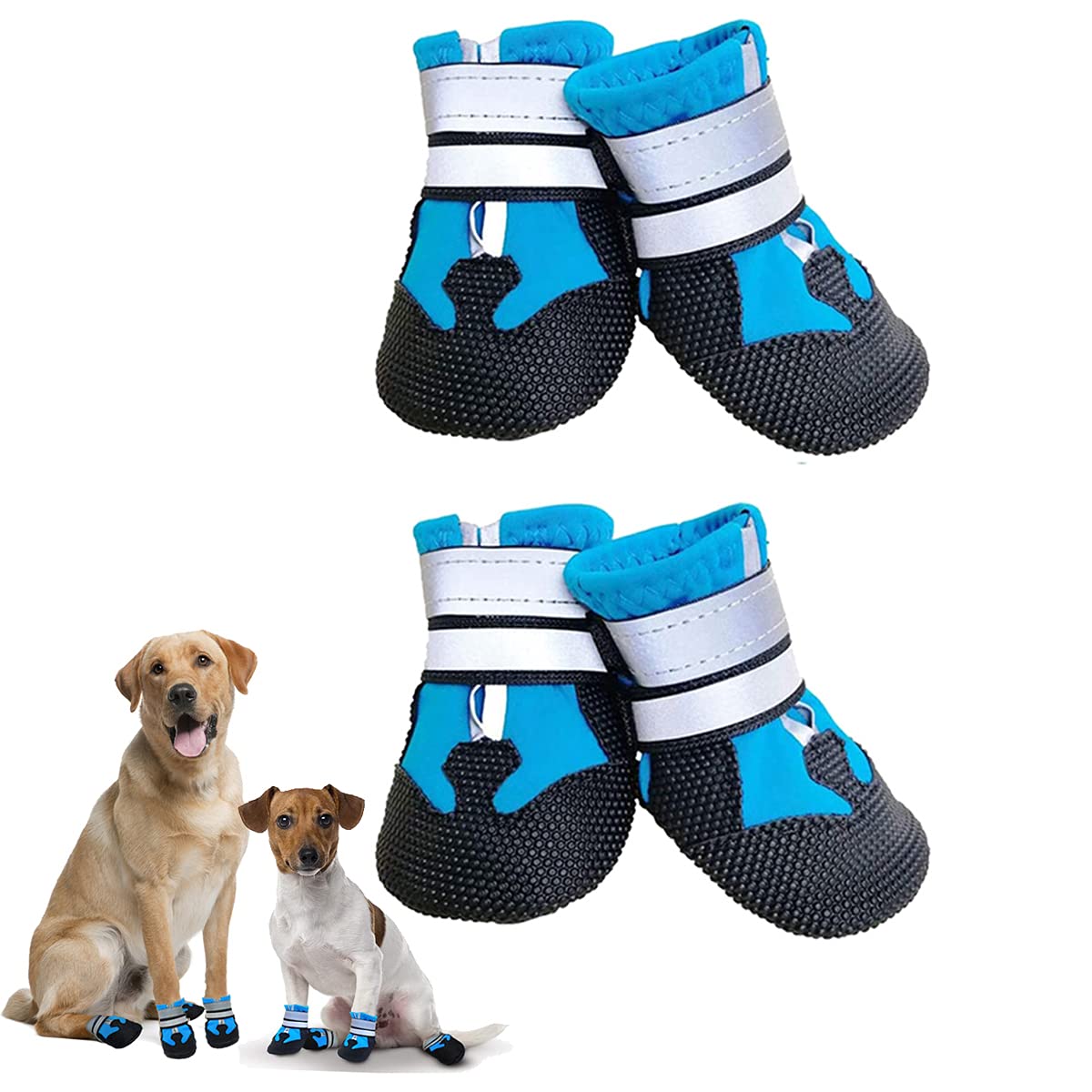 Dricar Dog Shoes, Set of 4 Dog Boots for Injured Paws, Waterproof Anti Slip Dogs Shoes for Walking, Paw Protectors with Reflective Straps for Small Medium Large Dogs (Blue, XXL)