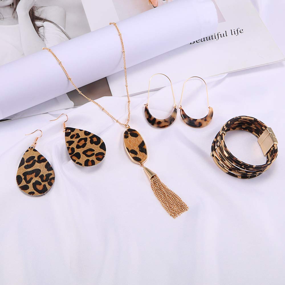 AgeXinjo 4 Pieces Leopard Jewelry Set Leopard Leather Bracelet Dangle Earring Acrylic Earrings Fur Long Necklace for Women-Oval