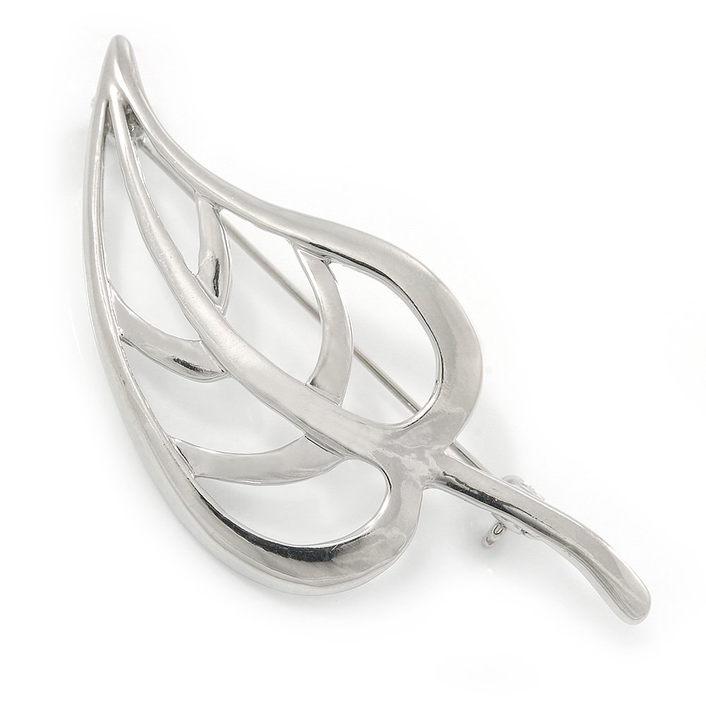 Silver Tone Metal Open Leaf Brooch - 60mm Across