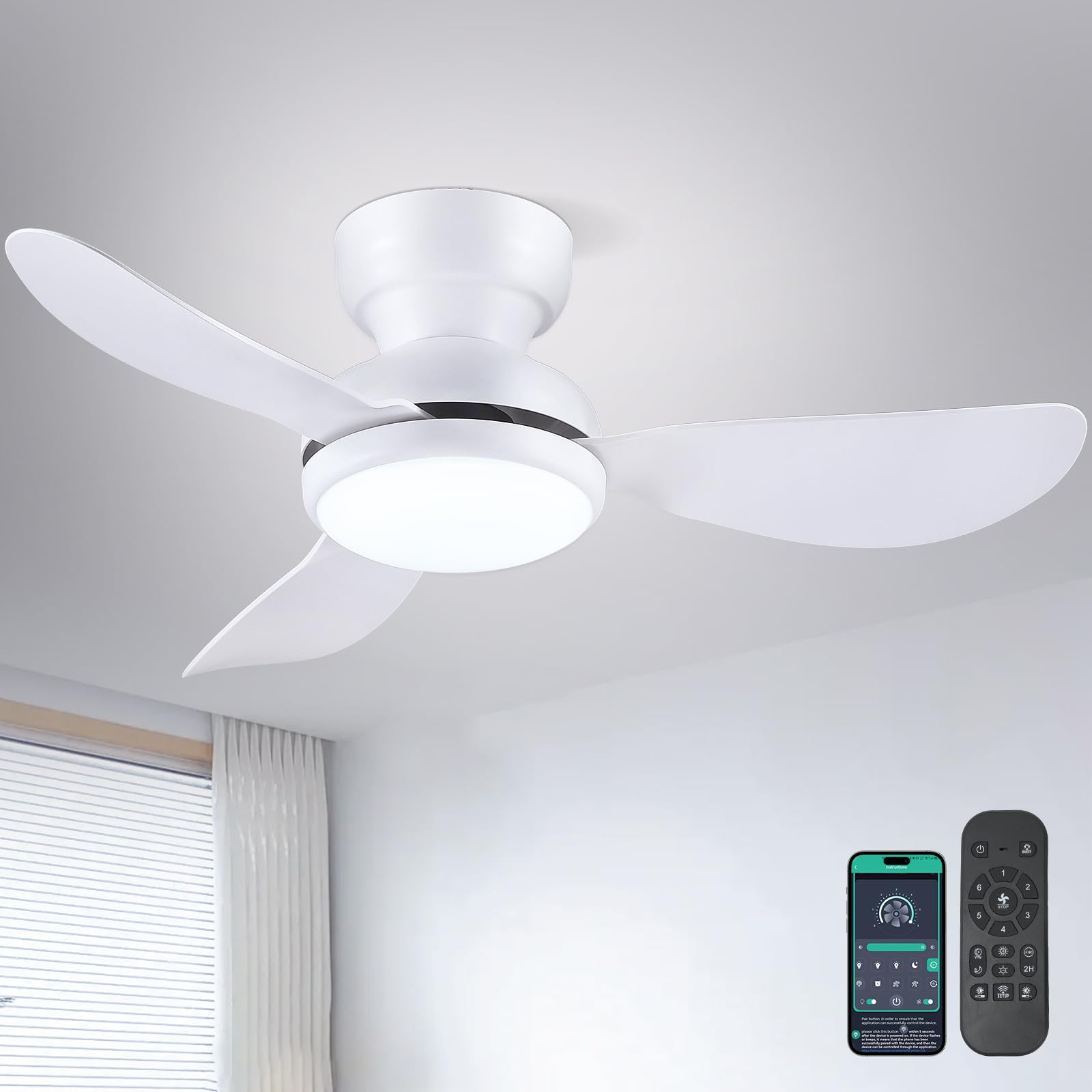 Photo 1 of Kviflon 36 Inch Modern Ceiling Fans with Lights, Small Flush Mount Ceiling Fan with Light and Remote/APP Control, 3 Reversible 6 Speeds Curved Blades, 3 CCT Dimmable Lights for Bedroom, White