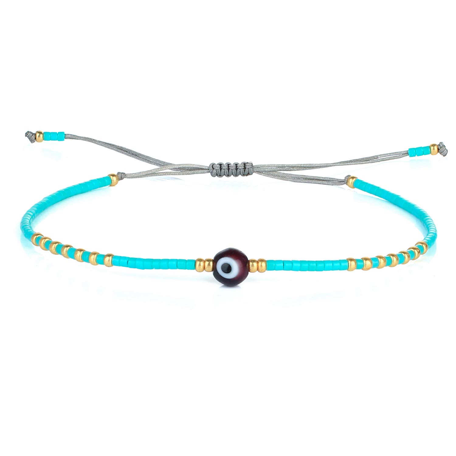 KELITCH Evil Eye Seed Beaded Bracelets Handmade Friendship Strands Bracelets Adjustable Charm Bangles (Blue 02B)