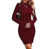 CFLONGE Fall Dresses for Women 2025 Ribbed Knit Bodycon Dress Mock Neck Bell Long Sleeve Pullover Sweater Winter Mini Dresses