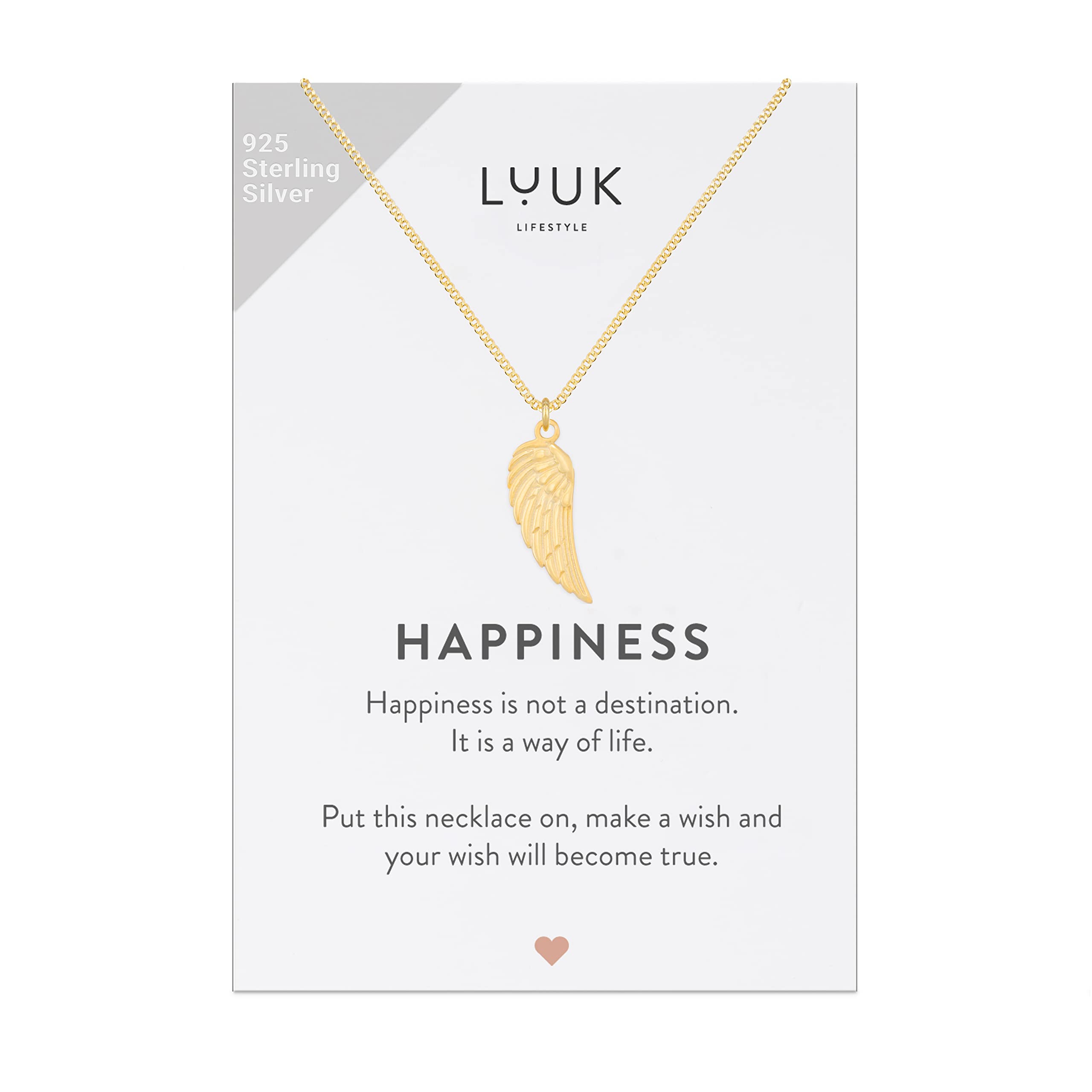 LUUK LIFESTYLE 925 Sterling Silver Pendant Necklace for Women Waterproof 50cm Chain Modern Necklace Gift for Her Gold Angel Wings