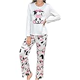 WDIRARA Women's Cow Print 2 Piece Pajama Set Long Sleeve Crew Neck Sleepwear Pants Pjs Set