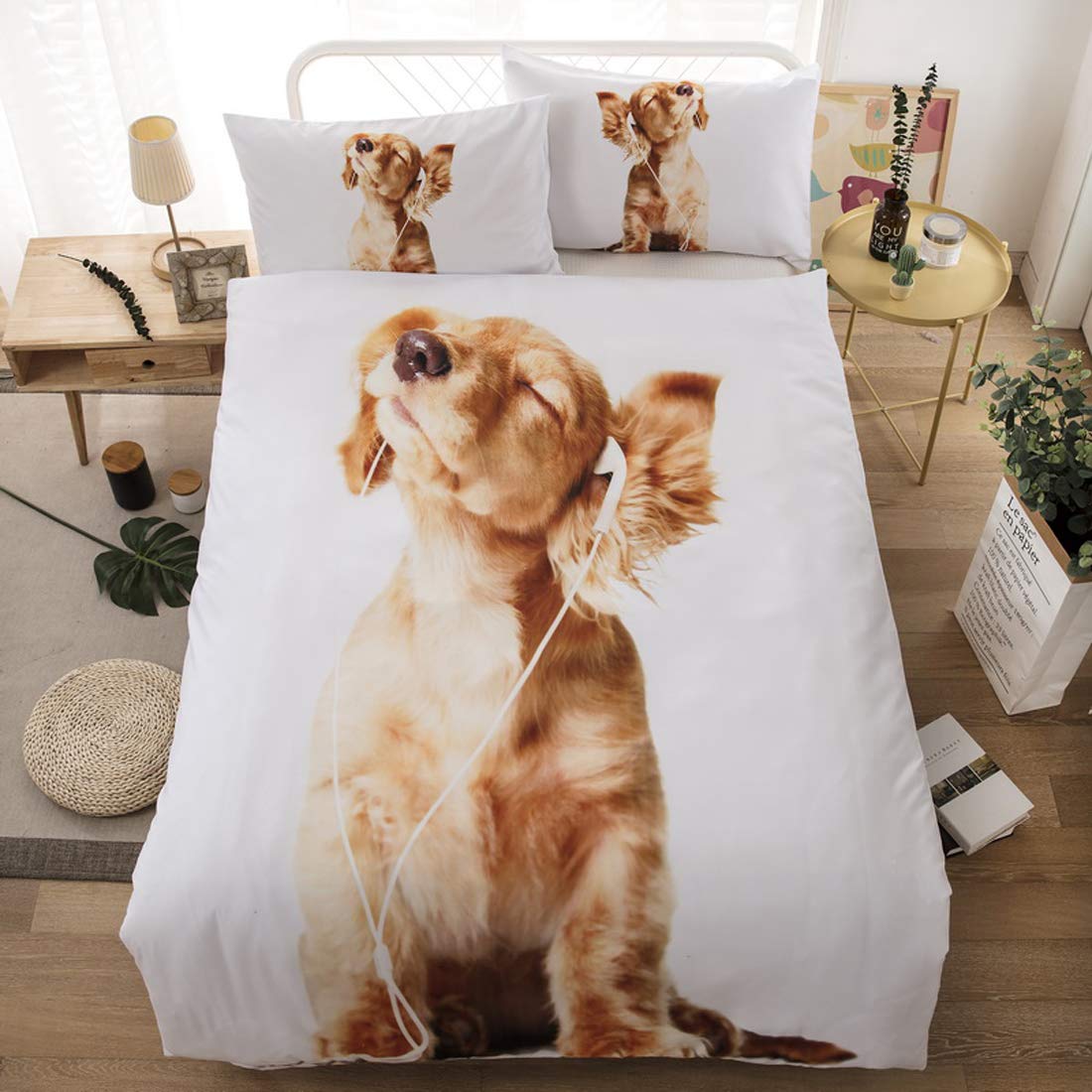 Erosebridal Cute Dog Printed Duvet Cover Set Twin Size Quilt Cover 3D Yellow Puppy Bedding Set Animal Theme Comforter Cover for Kids Teens Boys Dog Listening Music Pattern Quilt Cover