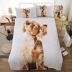 Erosebridal Cute Dog Printed Duvet Cover Set Twin Size Quilt Cover 3D Yellow Puppy Bedding Set Animal Theme Comforter Cover for Kids Teens Boys Dog Listening Music Pattern Quilt Cover