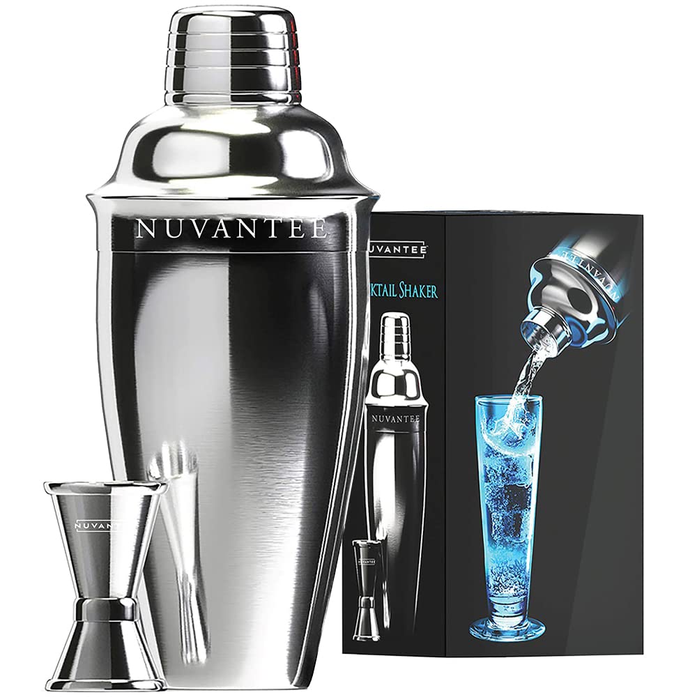 Nuvantee Cocktail Shaker Set - Premium Bar Kit with 1 & ½ oz Double Measurer Jigger - Recipes Booklet & Ebook - 24oz with Built-in Strainer
