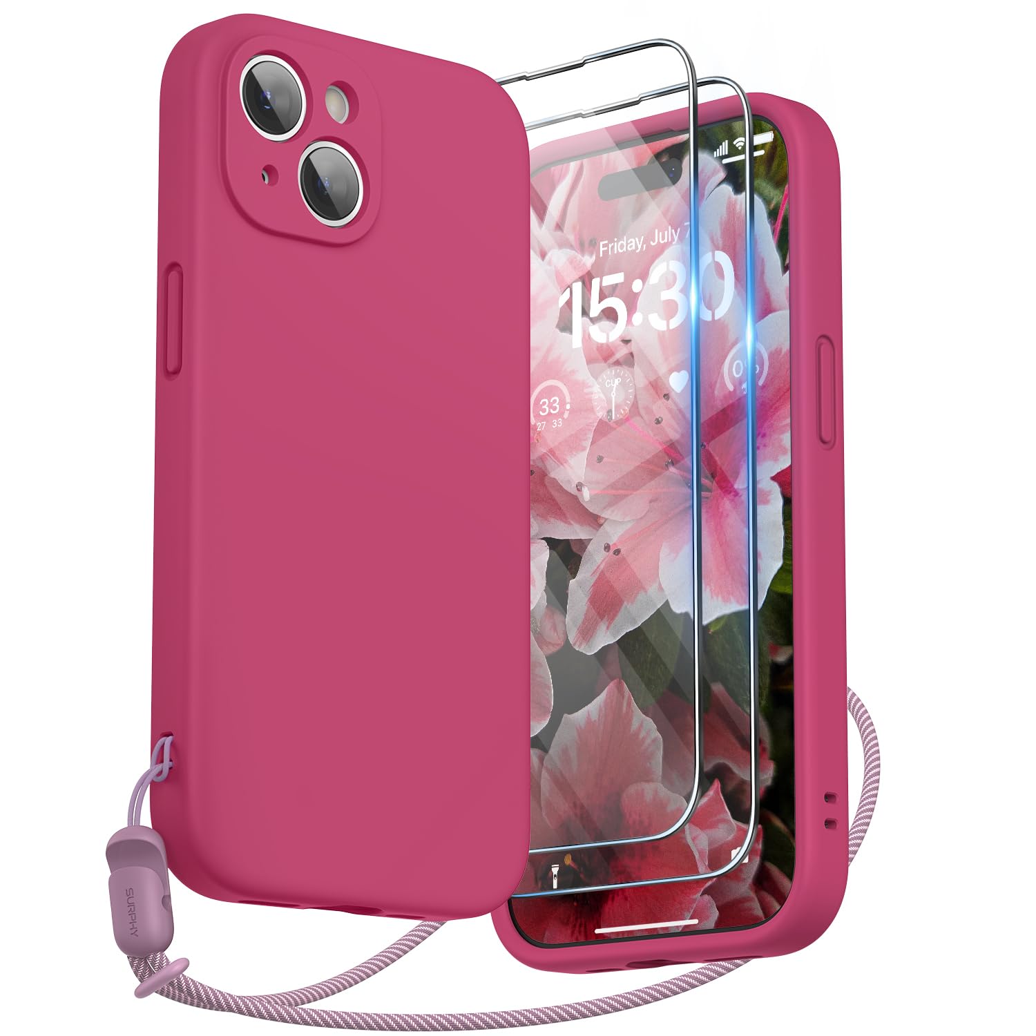 SURPHY Design for iPhone 15 Case, Liquid Silicone Protection for Each Lens [2 x Screen Protectors & 1 x Lanyard] Shockproof Cover for iPhone 15 6.1 inch 2023, Hibiscus