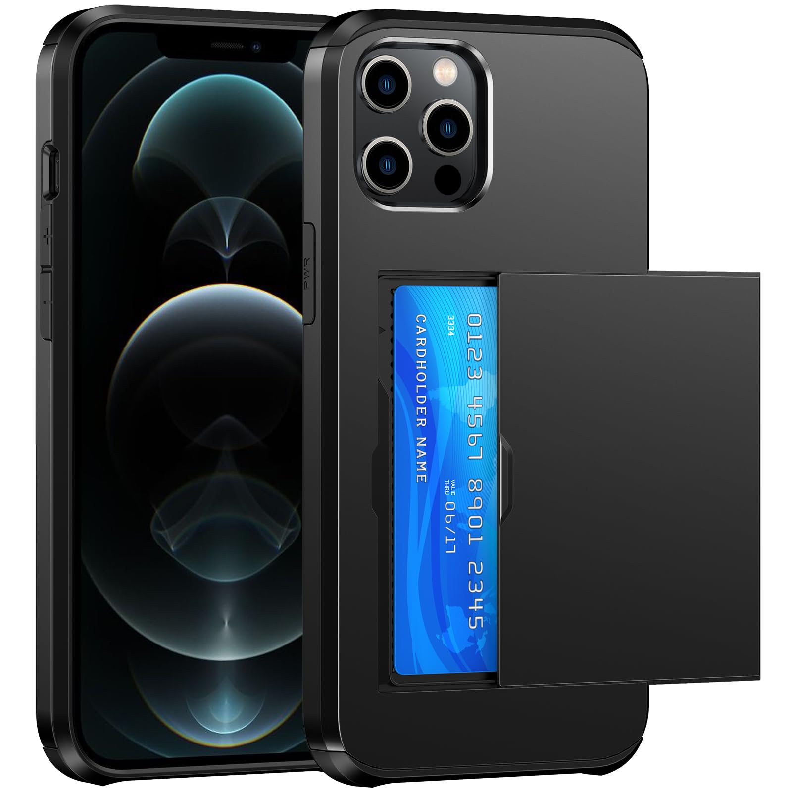 SZSSZSM Wallet for iPhone 12 Pro Max Case with Card Holder Dual Layer Military Grade Protective Shockproof Hidden Card Slot Slim Fit Phone Cover - Black