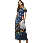 Brosoneto Women's Summer Short Sleeve Dress Casual Crew Neck Maxi Dresses with Pockets Flowy Vacation Beach Dress