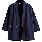 Men's Cotton Blends Linen Open Front Cardigan Embroidery Kimono Jackets