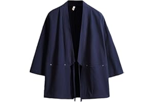 FAXIKIO Men's Cotton Blends Linen Open Front Cardigan Embroidery Kimono Jackets