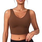 PINSPARK Sports Bras for Women Built in Bras Padded Yoga Bra V Neck Longline Workout Tank Tops with Removable Pads