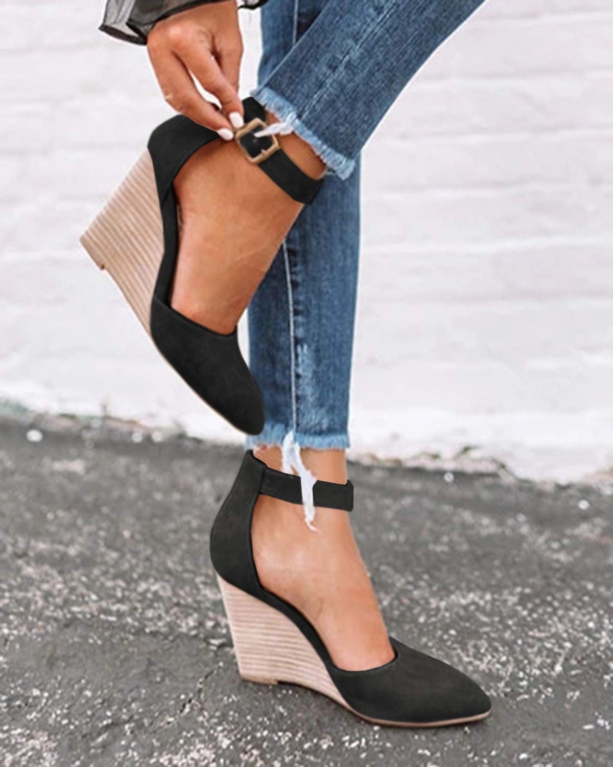 LAICIGO Women’s Wedge Pumps Pointed Toe Ankle Strap Buckle High Heel Faux Leather Dress Sandals - Image 3