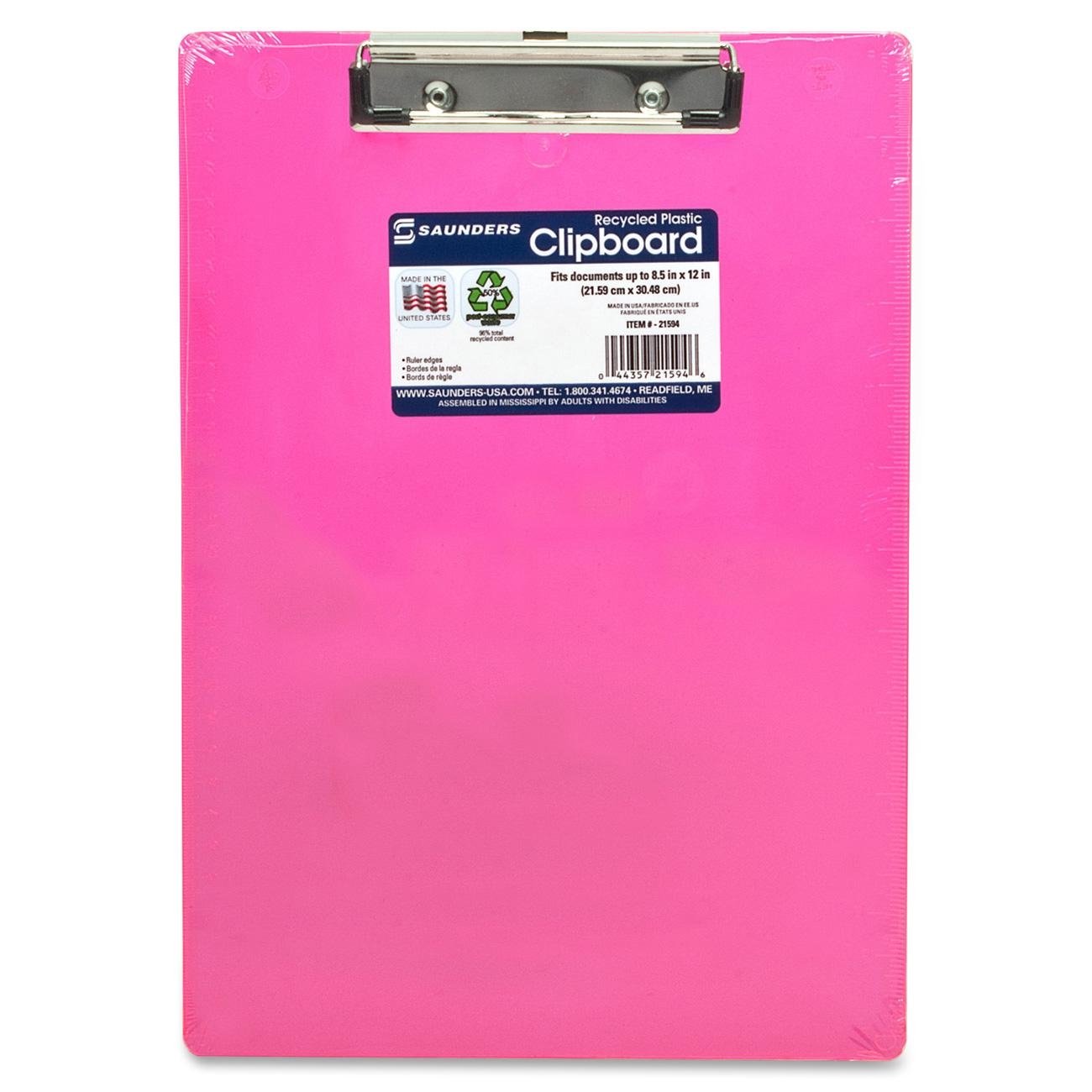 Saunders Plastic Clipboard with Low Profile Clip, Neon Pink, Letter Size, 8.5 inch x 12 inch, 1 Clipboard (21594)