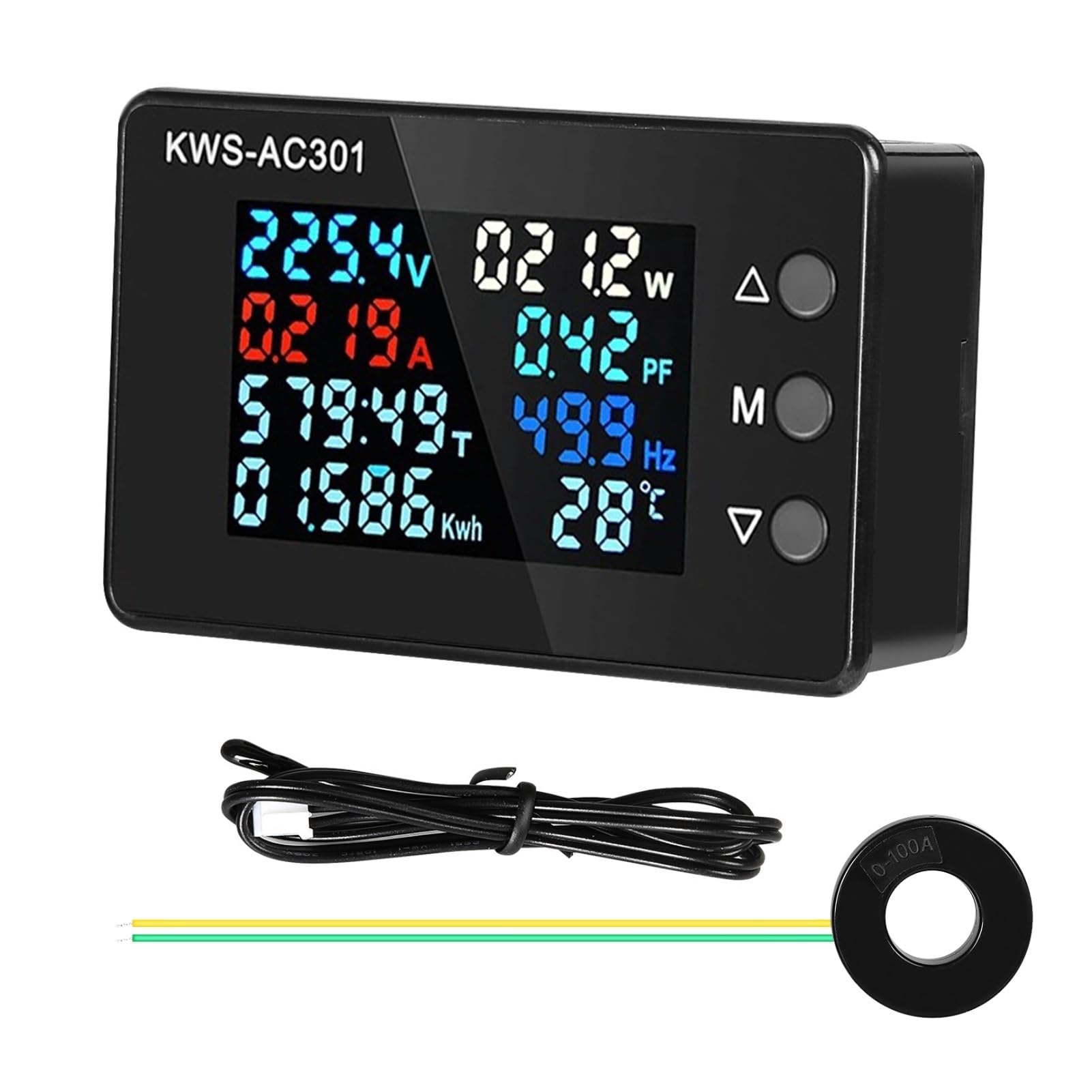 DEWIN Digital Electricity Meter, 8 in 1 Multimeter KWS-AC301 0-100A Voltmeter Ammeter Wattmeter Energy Meter 50-300V with Closed Type Transformer and Temperature Sensor